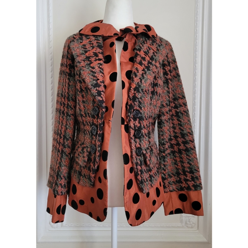 Women's Rust & Black Houndstooth Wool Blend Jacket with Polka Dot Trim
